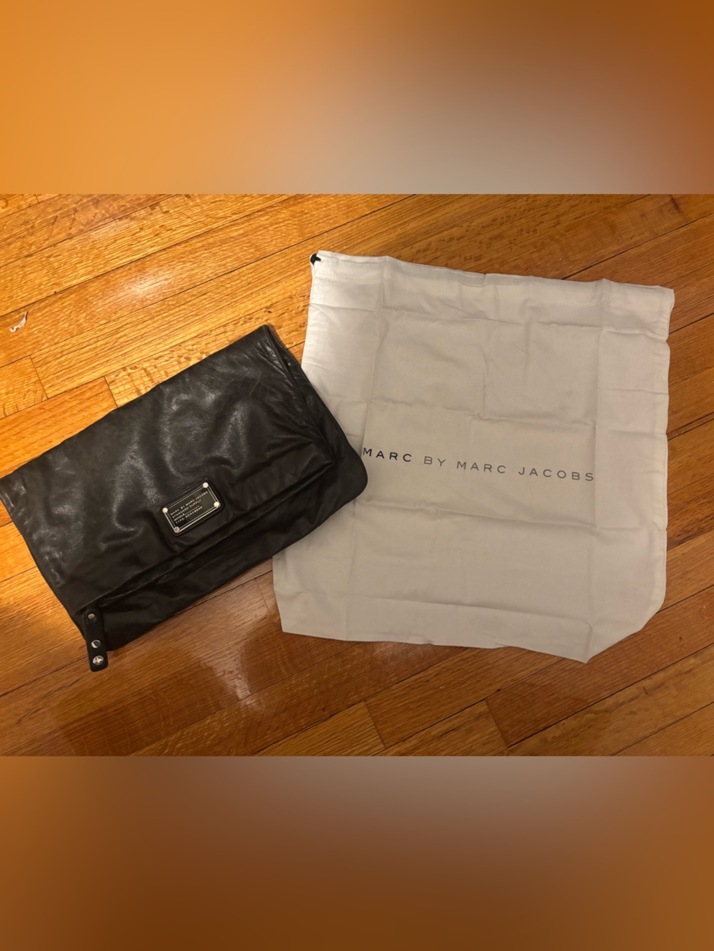 Marc By Marc Jacobs Black Leather Fold-Over Clutch with Logo Plate